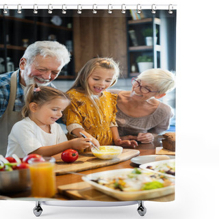 Personality  Smiling Happy Grandfather Helping Children To Cook In The Kitchen Shower Curtains