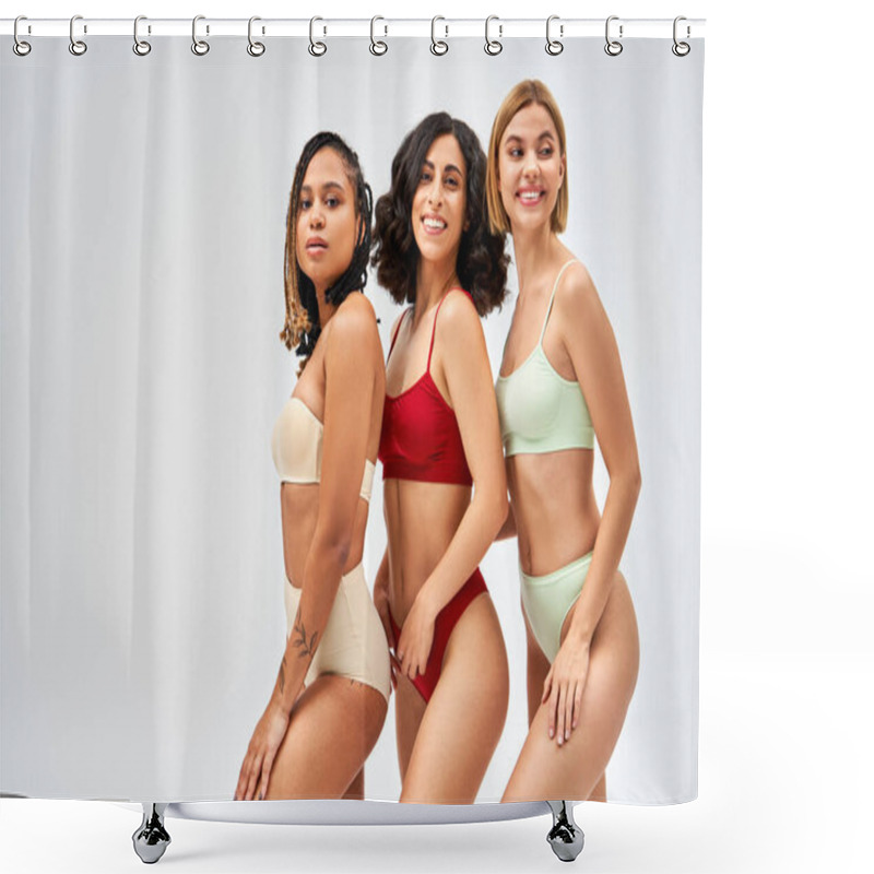 Personality  Positive And Multiethnic Women In Stylish Colorful Lingerie Posing While Standing Next To Each Other Isolated On Grey, Different Body Types And Self-acceptance Concept, Multicultural Models Shower Curtains