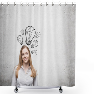 Personality  Smiling Young Beautiful Business Lady Is Thinking About New Innovative Ideas. Light Bulbs Are Drawn On The Concrete Wall Behind The Lady. Shower Curtains