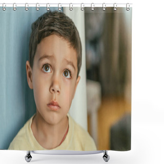 Personality  Portrait Of Thoughtful, Adorable Brunette Boy Looking Up With Brown Eyes Shower Curtains