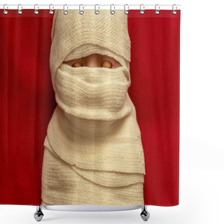Personality  The Man Is Wrapped In A Cloth. The Body Is Shrouded In A Veil. The Concept Of A Muslim Deceased. Mummy In The Red Background.  Funeral Concept, Before Burial Shower Curtains