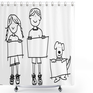 Personality  Kids And Dog Holding Empty Signs Illustration Shower Curtains