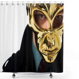 Personality  Portrait Of Criminal In Golden Mask And Black Coat Looking At Camera Isolated On White Shower Curtains