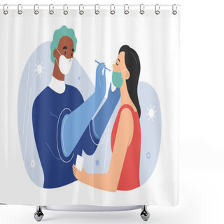 Personality  Walk-thru PCR-test For Covid In Korean Testing Booth Facility, Medical Worker Collecting Specimen With Nasal Swab Through Screen, Vector Cartoon Illustration Shower Curtains
