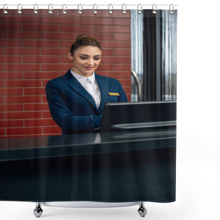 Personality  Young Attractive Hotel Receptionist Using Computer At Workplace Shower Curtains