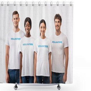 Personality  Young Multiethnic People With Volunteer Lettering On T-shirts Looking At Camera  Shower Curtains