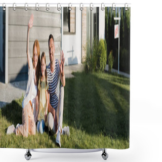 Personality  Happy Parents With Waving Hands And Daughter Sitting On Lawn And Looking At Camera Near House, Banner Shower Curtains