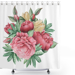 Personality  Hand Painted Watercolor Charming Combination Of Flowers And Leaves, Isolated On White Background Shower Curtains