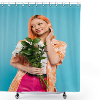 Personality  Sensuality, Joyful Asian Woman With Red Hair Holding White Flowers On Blue Background, Casual Attire, Generation Z, Floral Bouquet, Spring Vibes, Happy Face, Generation Z, Youth Culture  Shower Curtains