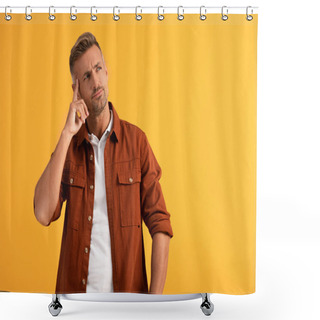 Personality  Handsome Man Touching Temple While Thinking Isolated On Orange  Shower Curtains