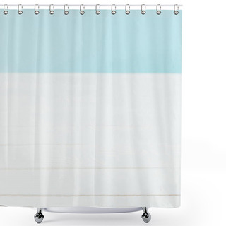Personality  Full Frame Of White Wooden Tabletop And Blue Background Shower Curtains