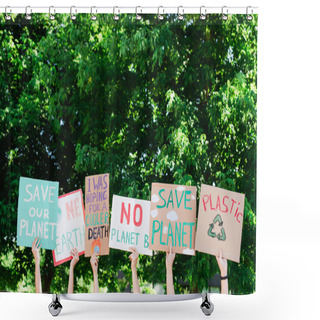 Personality  People Holding Placards With Save Planet And Plastic Recycle Lettering With Trees At Background, Ecology Concept Shower Curtains