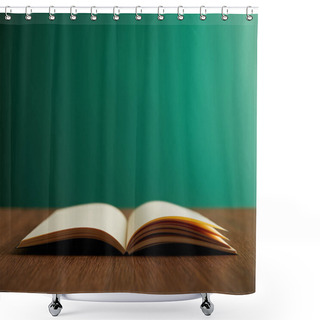 Personality  Open Book On Wooden Table With Chalkboard On Background Shower Curtains