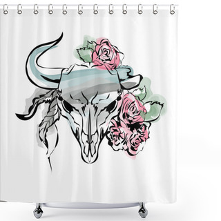 Personality  Watercolor Bull's Head With Flowers And Feathers Shower Curtains