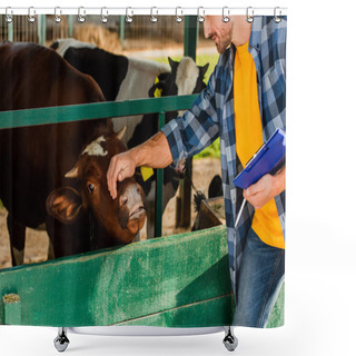 Personality  Cropped View Of Rancher With Clipboard Touching Head Of Cow On Farm Shower Curtains