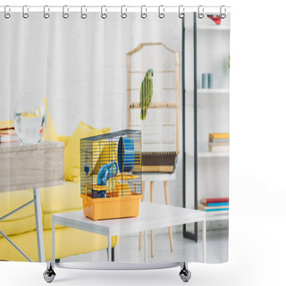 Personality  Living Room With Orange Pet Cage On White Table, And Green Parrot In Bird Cage Shower Curtains