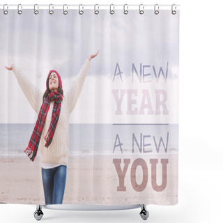 Personality  Woman In Warm Clothing Stretching Arms On Beach Shower Curtains