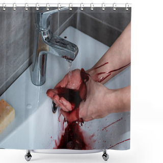 Personality  Partial View Of Woman Washing Bleeding Hands In Bathroom Shower Curtains