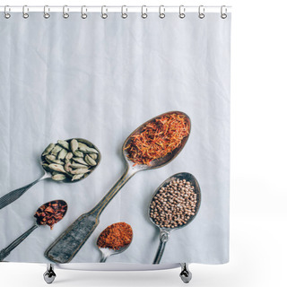 Personality  Top View Of Group Of Spices In Spoons On White Table Shower Curtains