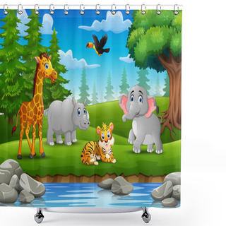 Personality  Vector Illustration Of The Animals Are Enjoying Nature By The River Shower Curtains