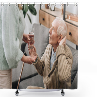 Personality  Senior Woman Helping To Old Man With Walking Stick And Giving Pills  Shower Curtains