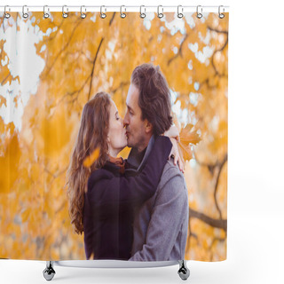 Personality  Couple Kissing In Autumn Park Shower Curtains
