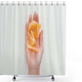 Personality  Partial View Of Woman Holding Peeled Tangerine Slices On White Background Shower Curtains
