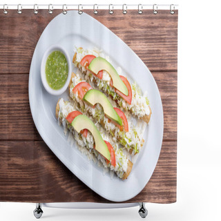 Personality  Mexican Flutes, Golden Tacos. Traditional Mexican Food. Traditional Mexican Tacos With Tomato, Avocado And Green Hot Sauce. Gourmet Mexican Food Shower Curtains