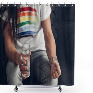 Personality  Cropped Shot Of Man In T-shirt With Pride Flag Holding Glass Of Water And Pill Shower Curtains