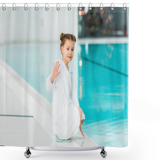 Personality  Cute Child Sitting In Bathrobe Ner Swimming Pool And Waving Hand Saying Hello  Shower Curtains