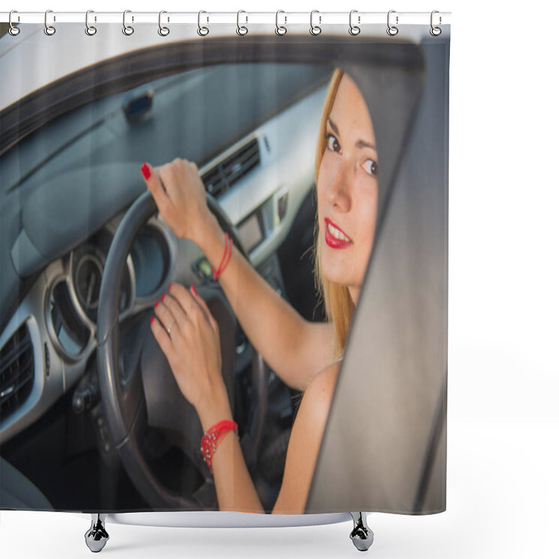 Personality  Woman Driver. Girl Sitting Behind The Wheel Of Car. Shower Curtains