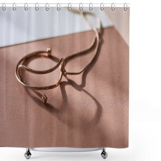 Personality  Selective Focus Of Beautiful Luxury Necklace On White And Beige Surface With Sunlight Shower Curtains