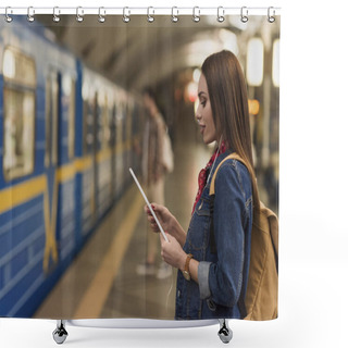 Personality  Young Woman With Earphones And Digital Tablet At Metro Station Shower Curtains