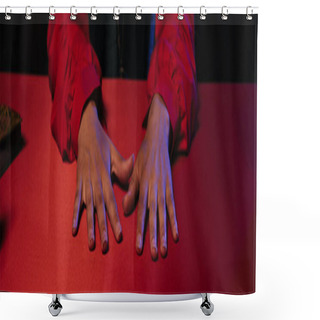 Personality  Cropped View Of Hands Of Fortune Teller On Red Table Isolated On Black, Banner Shower Curtains