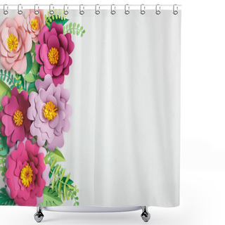 Personality  Top View Of Pink And Purple Paper Flowers And Green Plants With Leaves On Grey Background Shower Curtains