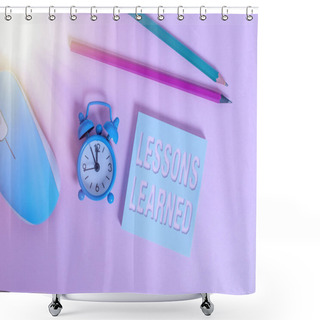 Personality  Text Sign Showing Lessons Learned. Conceptual Photo The Knowledge Or Understanding Gained By Experience Alarm Clock Wakeup Blank Notepad Mouse Markers Colored Background. Shower Curtains