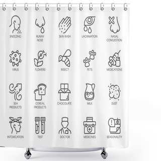 Personality  Icons Symptoms Allergy, Allergic Reaction, Allergens. Line Signs Lacrimation Pollen Sick Man. Vector Icons Set Outline.  Shower Curtains