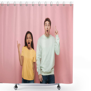 Personality  Excited Interracial Couple Showing Idea Signs While Looking At Camera On Pink Background Shower Curtains