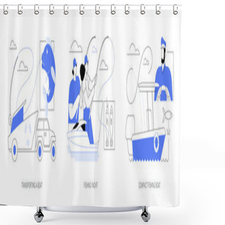 Personality  Fishing Boat Abstract Concept Vector Illustration Set. Transporting A Boat With Trailer, Fishing Yacht, Personal Vessel, Sailing Activity, Hobby And Recreation, Water Transport Abstract Metaphor. Shower Curtains