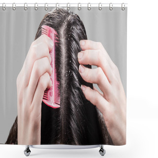 Personality  Woman Removes Dandruff From Black Hair Comb Shower Curtains