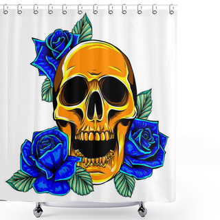 Personality  Human Skull With Roses Drawn In Tattoo Style. Isolated On White. Shower Curtains