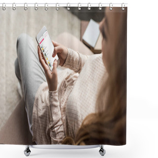 Personality  Cropped Shot Of Woman On Couch Using Smartphone With Itunes App On Screen Shower Curtains