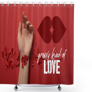 Personality  Cropped View Of Female Hand With Paper Cut Decorative Hearts On Red Background With 