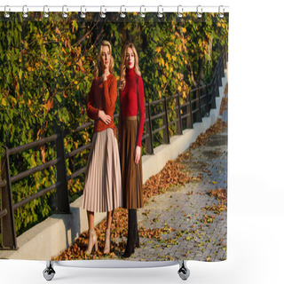 Personality  Fall Fashion. Pleated Skirt Fashion Trend. Women Walking In Autumn Park. Autumn Stylish Outfit. Adorable Ladies Enjoy Sunny Autumn Day. Fashionable Clothes. Femininity And Tenderness. Friends Girls Shower Curtains