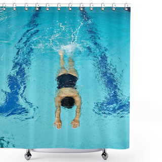 Personality  A Woman In Swimwear Peacefully Swims In A Pool With Blue Water Shower Curtains