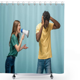Personality  Angry Girl Screaming In Megaphone At African American Boyfriend Covering Ears With Hands On Blue Background Shower Curtains