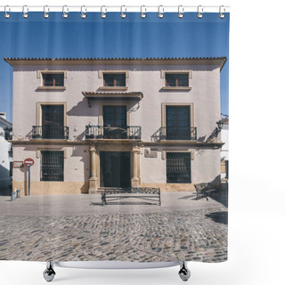 Personality  Facade Of Small Spanish Building Under Blue Sky Shower Curtains