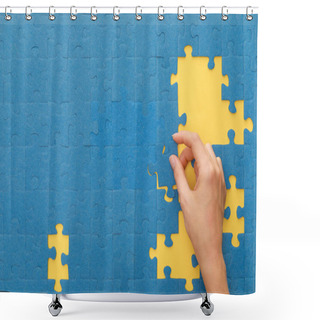 Personality  Cropped View Of Woman Matching Blue Jigsaw Puzzle On Yellow Background Shower Curtains