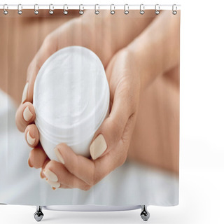 Personality  Skin Care Product. Woman's Hands Holding Beauty Cream, Lotion. Shower Curtains