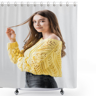 Personality  Attractive, Flirty Girl Looking At Camera While Touching Hair Isolated On Grey Shower Curtains